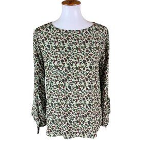 WLS Pure Silk Floral Print Blouse Long Sleeve‎ Tie Cuff Boho Chic Medium